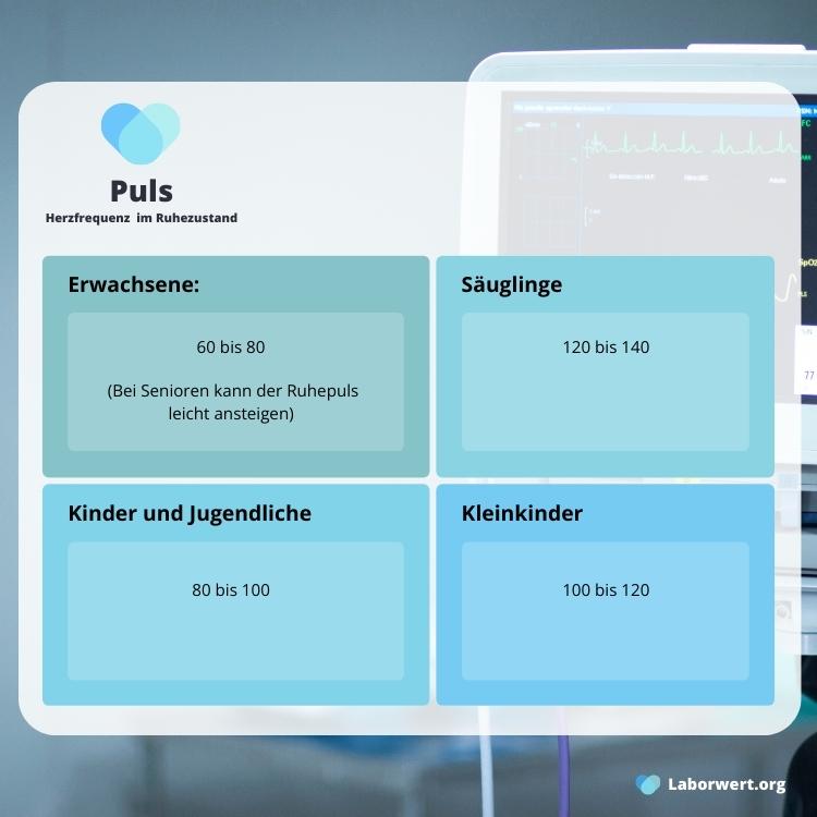 Puls, Ruhepuls oder Herzfrequenz Normwerte Grafik für Erwachsene, Senioren, Säuglinge, Kinder und Jugendliche